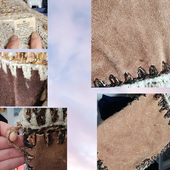 Vintage Cardigan Boho Patchwork Leather Acrylic 70's Chunky Knit Ugly Sweater M - Picture 6 of 6